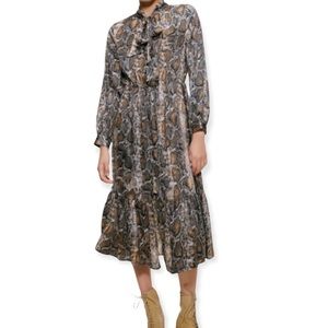 Zara Brown Snake Print Midi Long Sleeve Tiered Hem Career Dress, Medium